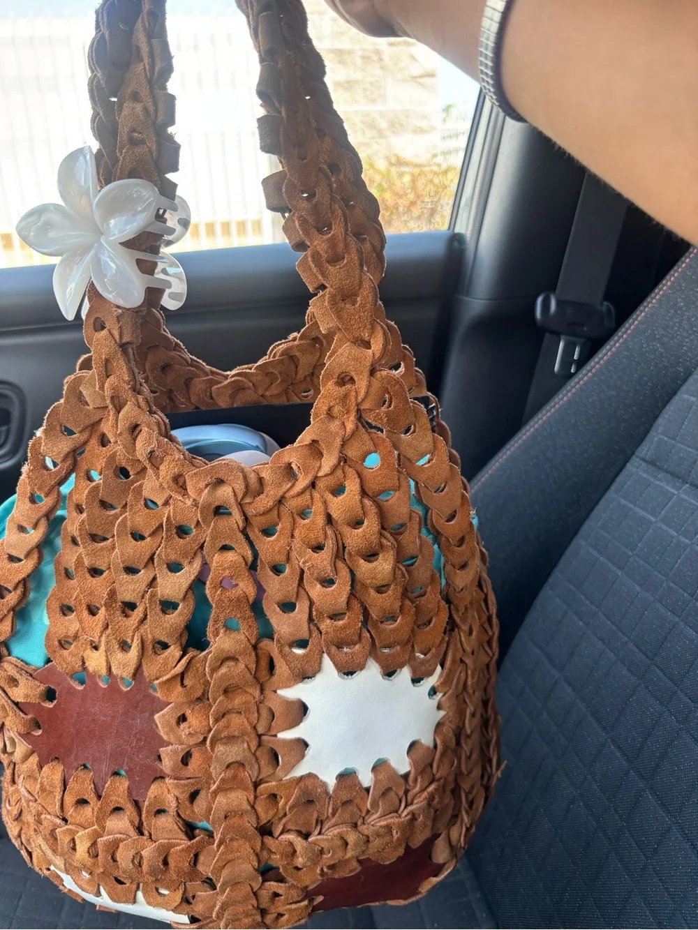 Vintage Boho FeSTIVAL Fall Bag Brown & white woven leather handbag